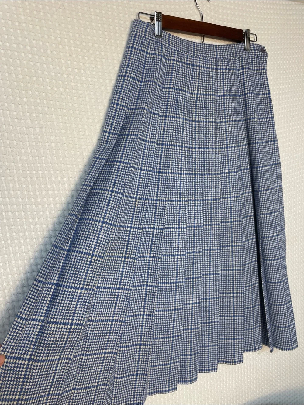 70s 80s VINTAGE PENDLETON Pleated Skirt Houndstooth Blue & White WOOL - Picture 5 of 16